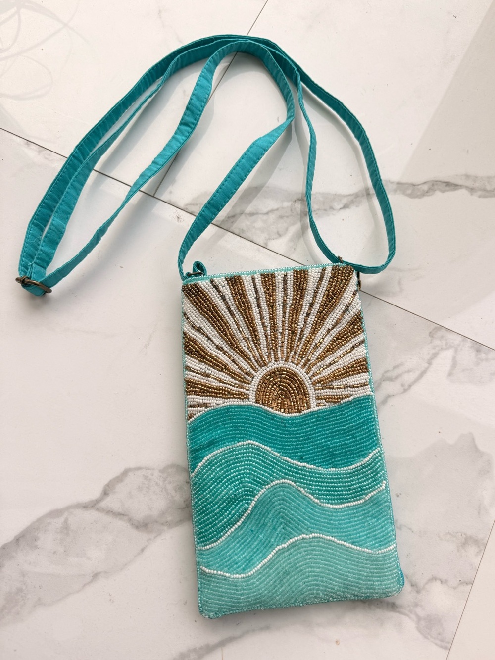 Bamboo Trading Company Rising Sun Beaded Crossbody Phone Bag Turquoise Beach